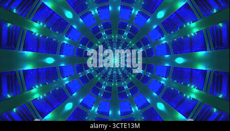 Leuchtende blaue und grüne Lichter bilden einen geometrischen Tunneleffekt. Das Design verfügt über ausstrahlende Linien, die ein Gefühl von Tiefe und Bewegung in einem Schwung erzeugen Stockfoto
