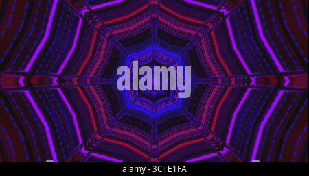 Ein kaleidoskopischer Tunnel zeigt lebendige geometrische Muster in violetten und blauen Tönen. Die farbenfrohen Lichter schaffen eine faszinierende Atmosphäre, perfekt für E Stockfoto