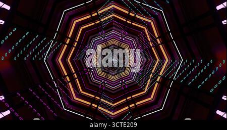 Ein pulsierender geometrischer Tunnel mit Neonlichtern in Violett-, Rosa- und Blautönen. Der Tunnel erzeugt einen immersiven Effekt und zeichnet die e des Betrachters Stockfoto
