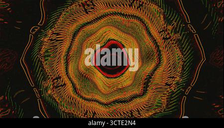 Ein lebendiges abstraktes Design mit kreisenden Mustern in lebhaften Farben. Das Bildmaterial kombiniert Linien und Formen und erzeugt so einen hypnotischen Effekt Stockfoto