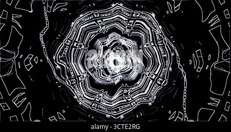 Dieses Bildmaterial zeigt ein fesselndes Spiralmuster mit weißen Linien auf schwarzem Hintergrund. Das Design zeigt detaillierte Texturen und Formen, Stockfoto