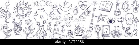 Outline Magical Accessories Hand Zeichnen Set. Isolierter magischer, skurriler, strukturierter Doodle für okkultes, Fantasy- und Halloween-Design. Vektorabbildung. Stock Vektor