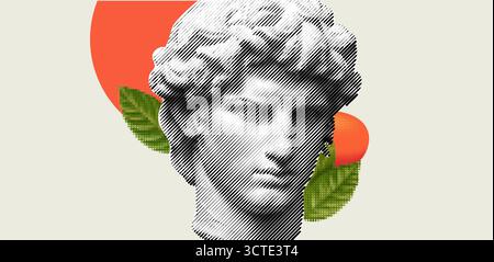 Statue Head Collage Hintergrund. Griechische Skulptur mit Glitcheffekt und Blättern für Vaporwellenästhetik bg. Stock Vektor