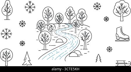 Set von linearen Symbolen für Bäume, eine Sammlung verschiedener Baumtypen Stock Vektor