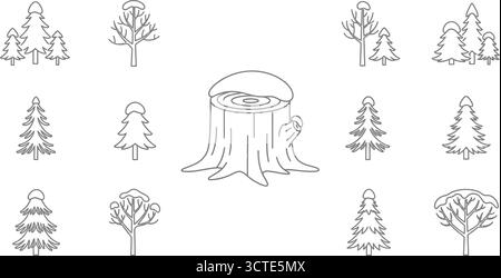 Reihe von linearen Symbolen der Naturelemente Sammlung von Bäumen und Flüssen Stock Vektor