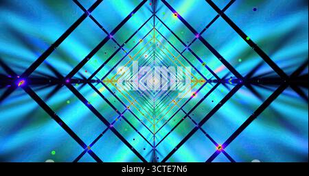 Hellblaue Lichter erzeugen ein dynamisches geometrisches Muster, das einen fesselnden visuellen Effekt erzeugt. Bunte Punkte sorgen für Tiefe und machen es zu einer beeindruckenden digitalen Kunst Stockfoto