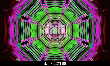 Dieses Stück zeigt ein lebendiges abstraktes Design mit komplizierten Mustern in hellen Farben wie Rosa, Grün und Lila. Die Formen erzeugen Mesmerizi Stockfoto