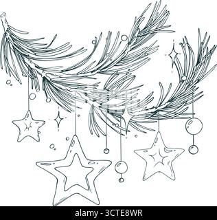 Dieses Bild zeigt einen Tannenzweig mit zarten Stern- und Perlenornamenten und einem magischen Leuchten. Diese raffinierte einfarbige Strichgrafik eignet sich für Scrapbooking Stock Vektor