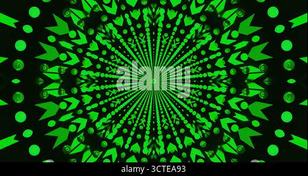 Leuchtende grüne Formen strahlen in einem symmetrischen Kreismuster nach außen aus. Das Design verfügt über verschiedene geometrische Formen, die einen beeindruckenden visuellen Effekt erzeugen. Stockfoto