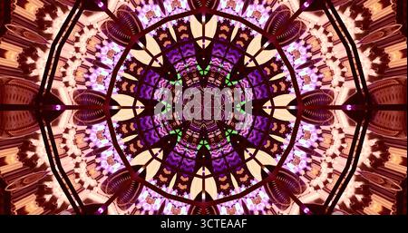Das lebhafte Mandala-Design zeichnet sich durch komplexe geometrische Formen und Muster in Violett-, Rot- und Cremetönen aus. Dieses Kunstwerk sorgt für ein fesselndes Bild Stockfoto