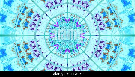 Dieses lebhafte Design zeichnet sich durch ein symmetrisches Muster mit Blau- und Violetttönen aus. Die komplizierten Linien und Formen bilden ein faszinierendes Kaleidoskop-ef Stockfoto