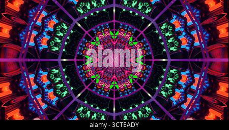 Dieses Bildmaterial bietet eine lebendige Auswahl an Farben und komplexen geometrischen Mustern. Helle Grün-, Blau- und Rottöne erzeugen einen faszinierenden visuellen Effekt Stockfoto