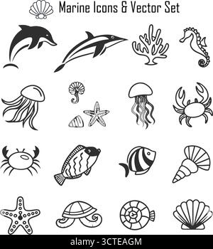 Marine Icons Set, Ocean and Sea Life Symbol Collection, nautische, maritime und Wasser-Vektor-Illustration Stock Vektor