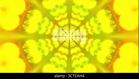 Helle, wirbelnde Muster sorgen für ein dynamisches visuelles Erlebnis mit Gelb- und Grüntönen. Dieses abstrakte Design zeigt komplizierte Formationen und Stockfoto