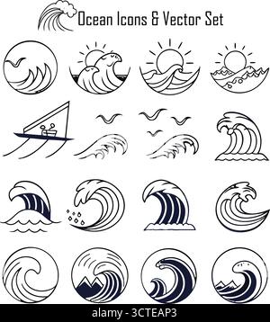 Ocean Icons Set, Sea and Marine Life Symbol Collection, Wellen, nautische und Wasser Vektor Illustration Stock Vektor