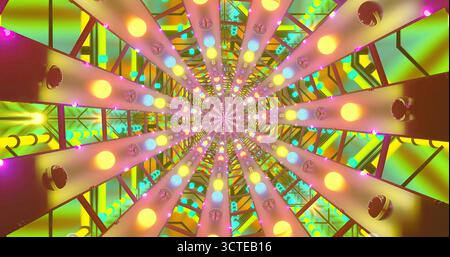 Helle, farbenfrohe Lichter sorgen für einen atemberaubenden Spiraleffekt in einem Tunnel. Das lebhafte Display zeigt mehrere Farbtöne, die von den Wänden reflektiert werden Stockfoto