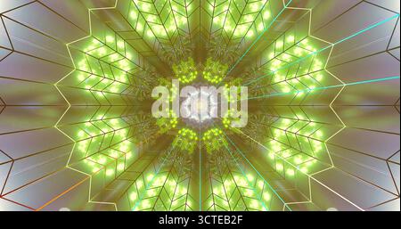Eine fesselnde Spirale aus hellgrünen und gelben Lichtern bildet komplexe Muster in einem geometrischen Design. Dieses Kunstwerk zeigt ein kompliziertes Arrangement o Stockfoto