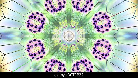 Diese lebendige Szene zeigt ein Kaleidoskop-Muster mit Blumen und abstrakten Formen. Die Farben verschmelzen und erzeugen eine fesselnde visuelle Distanz Stockfoto