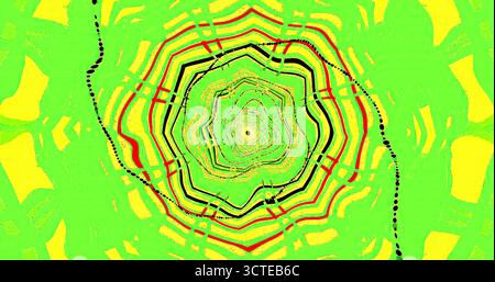 Leuchtend grüne, gelbe und rote Wirbel schaffen ein faszinierendes abstraktes Design. Die komplizierten Linien und Formen ziehen das Auge zur Mitte und bilden ein Stockfoto