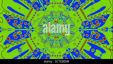 Lebendiges und kompliziertes Design in leuchtendem Grün, Blau und Rot zeigt ein Kaleidoskop von Formen und erzeugt einen faszinierenden visuellen Effekt. Ideal für Kunst Stockfoto