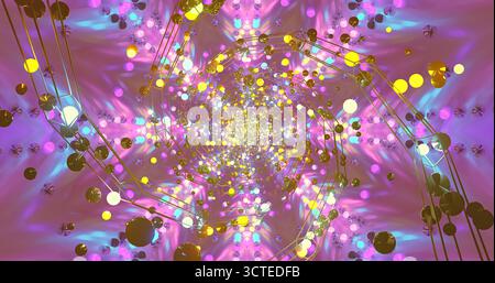 Das leuchtende Spiraldesign besticht durch helle Lichter und farbenfrohe Formen, die sich nach innen bewegen. Die dynamischen Muster erzeugen einen fesselnden visuellen Effekt, der eindrucksvoll ist Stockfoto