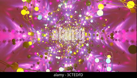 Ein lebendiges Spiralmuster mit leuchtenden farbigen Punkten wirbelt in einem wunderschönen Display herum. Die hellen Lichter schaffen eine bezaubernde Atmosphäre, die sich durch die Beleuchtung auszeichnet Stockfoto