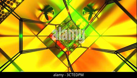 Hellgelbes und grünes Licht bildet komplexe geometrische Formen, die das Auge des Betrachters auf einen zentralen Punkt lenken. Die leuchtenden Farben und Muster Crea Stockfoto