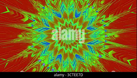 Dieses lebendige Kunstwerk verfügt über ein dynamisches Spiraldesign mit leuchtenden Farben wie Grün, Blau und Rot. Die geometrischen Formen erzeugen ein energetisches und Stockfoto