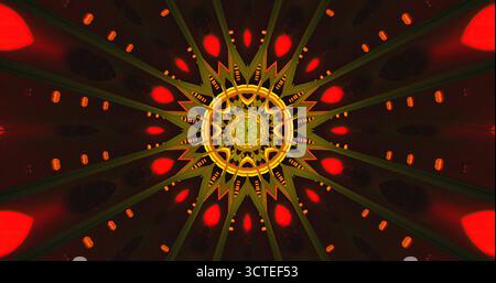 Das helle und farbenfrohe Mandala-Design zeichnet sich durch komplexe Muster in Gelb-, Rot- und Grüntönen aus. Die geometrischen Formen strahlen aus der Mitte, cre Stockfoto