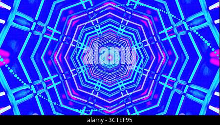 Dieses lebendige Design bietet ein farbenfrohes geometrisches Muster, das eine optische Illusion erzeugt. Die wirbelnden Formen und leuchtenden Farben ziehen das Auge in die Tiefe Stockfoto