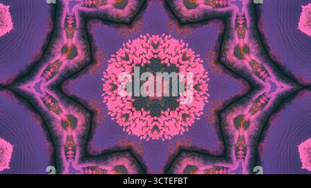 Die komplizierte Mandala-Kunst zeigt rosafarbene Blumen, die von dunklen lila Mustern umgeben sind. Das Design besticht durch Symmetrie und leuchtende Farben, die einen fesselnden Charakter schaffen Stockfoto