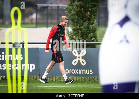 Tubize, Belgien. Oktober 2025. Der belgische Kevin de Bruyne wurde während eines offenen Trainings der Red Devils, der belgischen Fußballnationalmannschaft, auf dem Proximus Basecamp in Tubize am Montag, den 6. Oktober 2025, gezeigt. Die Mannschaft bereitet sich auf die Spiele gegen Nordmazedonien (10/10) und Wales (13/10) vor. BELGA FOTO BRUNO FAHY Credit: Belga News Agency/Alamy Live News Stockfoto