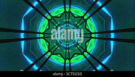Eine fesselnde Ansicht eines Tunnels voller farbenfroher geometrischer Muster. Die leuchtenden grünen und blauen Lichter sorgen für einen faszinierenden Effekt, der die Augen anzieht Stockfoto
