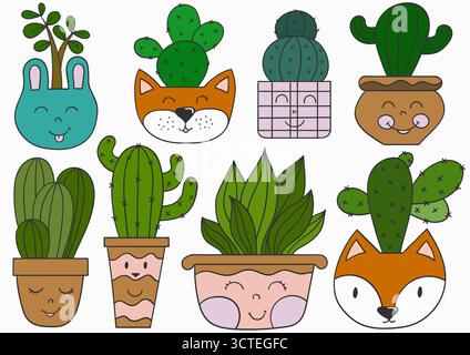 Kakteen, Kakteen. Satz von farbigen Illustrationen im Stil der Handzeichnung. Schwarze Kontur. Design für Postkarten, Flyer, Banner, Raumdekoration. Symbole, Zeichen, sti Stock Vektor