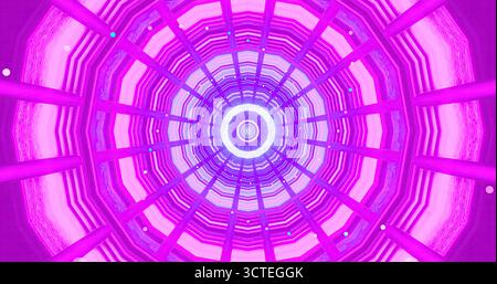 Die farbenfrohe Tunnelansicht zeigt eine Reihe konzentrischer Kreise in violetten und weißen Tönen. Die komplizierte Konstruktion erzeugt ein faszinierendes und dynamisches V Stockfoto