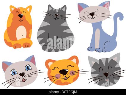 Katzen, Kätzchen. Satz von farbigen flachen Abbildungen. Design für Postkarten, Flyer, Banner, Raumdekoration. Symbole, Schilder Aufkleber Pins Logo Stock Vektor