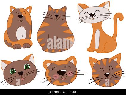 Katzen, Kätzchen. Satz von farbigen Illustrationen im Stil der Handzeichnung. Design für Postkarten, Flyer, Banner, Raumdekoration. Symbole, Schilder, Sticker Pins Logo Stock Vektor