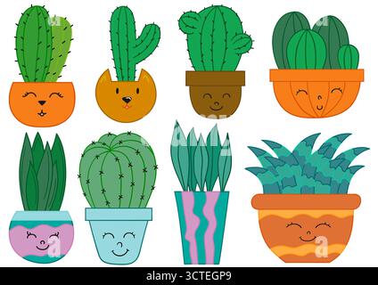 Kakteen, Kakteen. Satz von farbigen Illustrationen im Stil der Handzeichnung. Design für Postkarten, Flyer, Banner, Raumdekoration. Symbole, Schilder, Sticker Pins Logo Stock Vektor