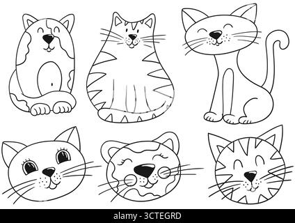 Katzen, Kätzchen. Satz monochromer Illustrationen im Handzeichnungsstil. Handzeichnung, schwarze Umrandung. Design zum Färben, Postkarten. Symbole, Schilder, Aufkleber Stock Vektor