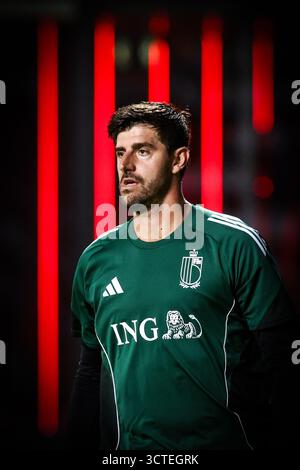 Tubize, Belgien. Oktober 2025. Der belgische Torhüter Thibaut Courtois wurde während eines offenen Trainings der belgischen Fußballnationalmannschaft Red Devils im Proximus Basecamp in Tubize am Montag, den 6. Oktober 2025, gezeigt. Die Mannschaft bereitet sich auf die Spiele gegen Nordmazedonien (10/10) und Wales (13/10) vor. BELGA FOTO BRUNO FAHY Credit: Belga News Agency/Alamy Live News Stockfoto