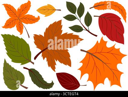 Herbstlaub. Satz von farbigen flachen Abbildungen. Design für Postkarten, Flyer, Banner, Raumdekoration. Symbole, Schilder, Sticker Pins Logo Stock Vektor