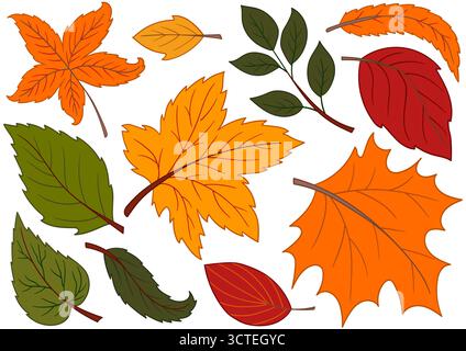 Herbstlaub. Satz von farbigen Illustrationen im Stil der Handzeichnung. Design für Postkarten, Flyer, Banner, Raumdekoration. Symbole, Schilder, Aufkleber, PIN-Protokoll Stock Vektor