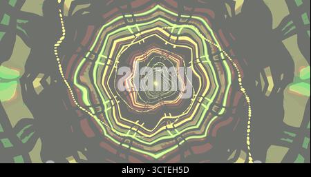Dieses Kunstwerk verfügt über ein lebendiges, wirbelndes Spiraldesign mit geometrischen Formen. Die Farben verschmelzen nahtlos und erzeugen einen faszinierenden visuellen Effekt Stockfoto