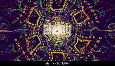 Dieses Kunstwerk zeigt eine lebendige Farbpalette in einem komplizierten Muster. Linien und Formen verflechten sich und erzeugen ein faszinierendes Bild, das ATT einfängt Stockfoto