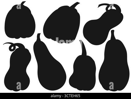 Kürbis. Set mit Silhouetten im Stil der Handzeichnung. Design für Rätsel und pädagogische Aufgaben von Kindern. Symbole, Schilder, Aufkleber, Logo Stock Vektor