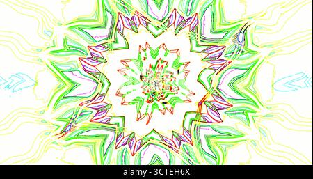 Bunte, wirbelnde Muster schaffen ein abstraktes Design mit grünen, roten und gelben Tönen. Das Kunstwerk zeigt eine lebendige Mischung aus Linien und Formen, Kappe Stockfoto