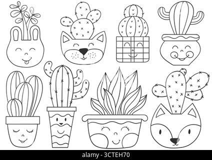 Kakteen, Kakteen. Satz monochromer Illustrationen im Handzeichnungsstil. Handzeichnung, schwarze Umrandung. Design zum Färben, Postkarten. Symbole, Schilder, Aufkleber Stock Vektor