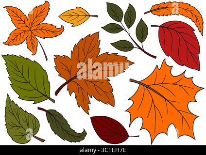 Herbstlaub. Satz von farbigen Illustrationen im Stil der Handzeichnung. Schwarze Kontur. Design für Postkarten, Flyer, Banner, Raumdekoration. Symbole, Zeichen, sti Stock Vektor