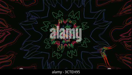 Ein lebendiges abstraktes Design mit wirbelnden Mustern in Grün, Rot und Blau vor dunklem Hintergrund. Die komplizierten Linien erzeugen ein Gefühl von Tiefe und Stockfoto