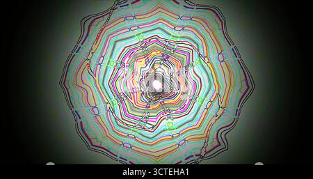 Wirbelnde Linien und leuchtende Farben bilden ein fesselndes Spiraldesign. Das Bildmaterial weist komplizierte Muster und Formen auf, die die Aufmerksamkeit des Betrachters auf sich ziehen Stockfoto